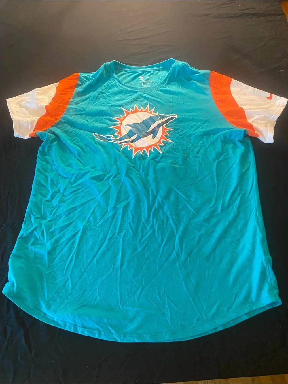 Miami Dolphins womens xl Teal Logo T-Shirt with Orange & White Sleeve Accents